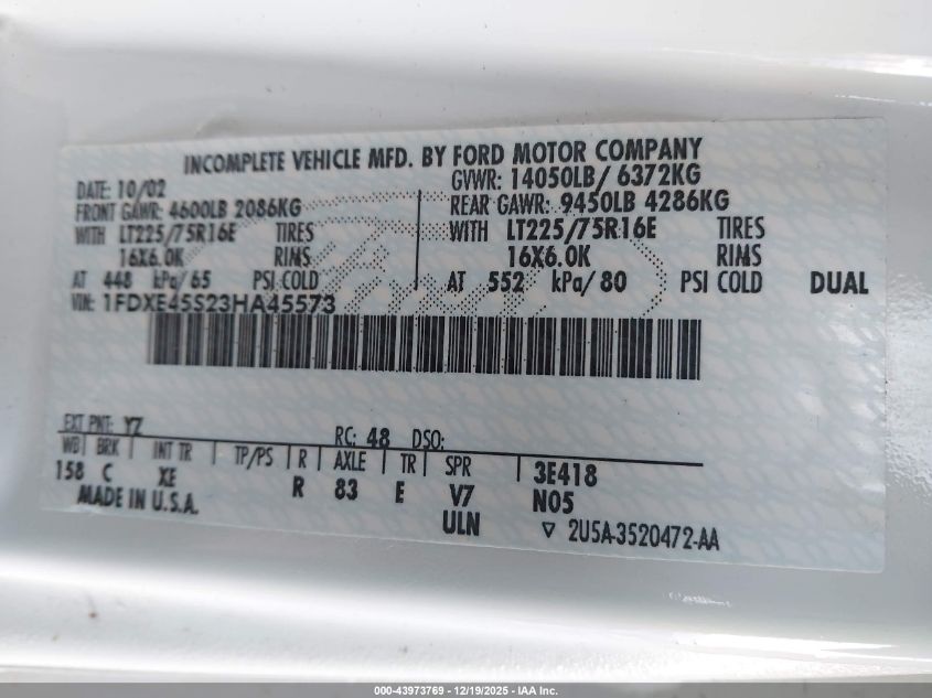 2003 Ford E-450 Cutaway Standard VIN: 1FDXE45S23HA45573 Lot: 43973769