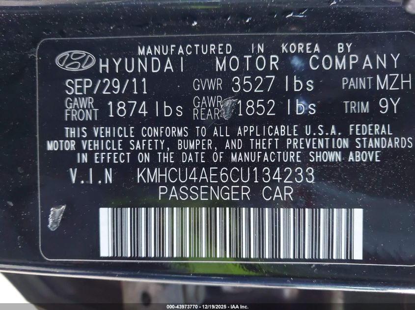 2012 Hyundai Accent Gls VIN: KMHCU4AE6CU134233 Lot: 43973770