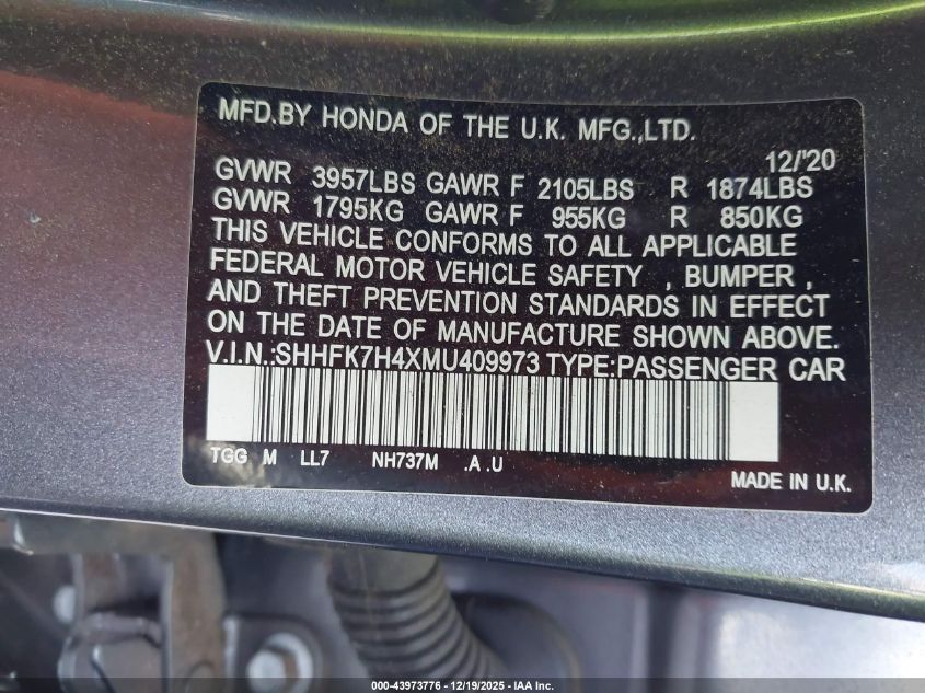 2021 Honda Civic Sport VIN: SHHFK7H4XMU409973 Lot: 43973776