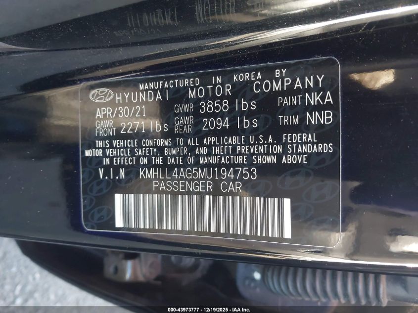 2021 Hyundai Elantra Se VIN: KMHLL4AG5MU194753 Lot: 43973777