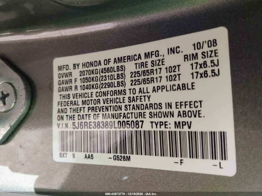 2009 Honda Cr-V Lx VIN: 5J6RE38389L005087 Lot: 43973778