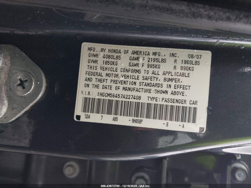 2007 Honda Accord 2.4 Lx VIN: 1HGCM56457A227408 Lot: 43973780