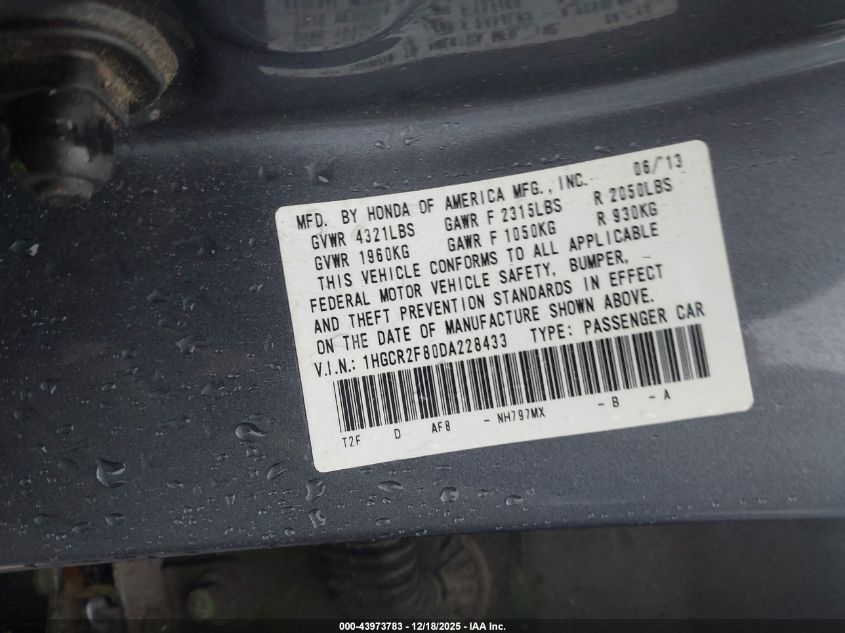 2013 Honda Accord Ex-L VIN: 1HGCR2F80DA228433 Lot: 43973783