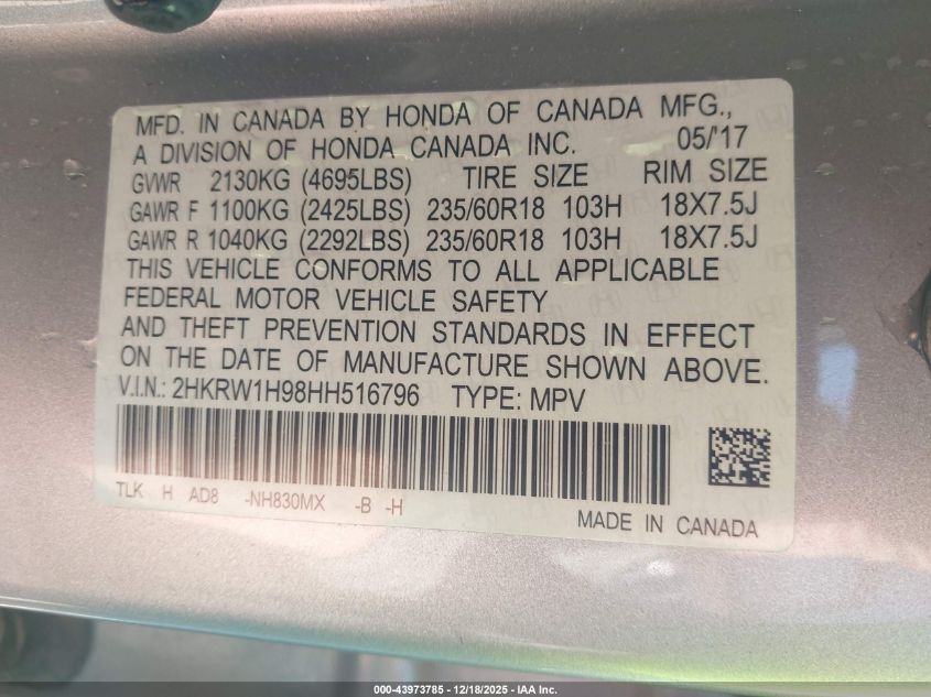 2017 Honda Cr-V Touring VIN: 2HKRW1H98HH516796 Lot: 43973785