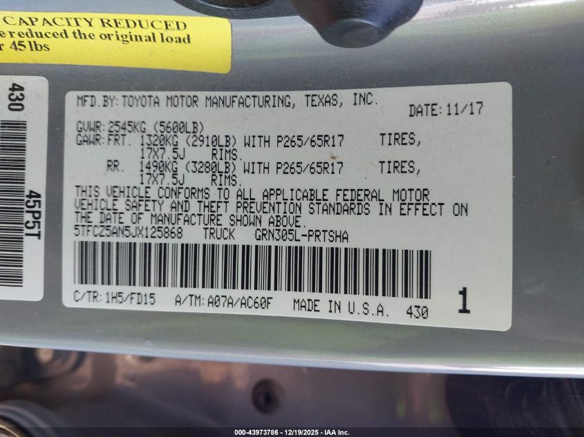 2018 Toyota Tacoma Trd Sport VIN: 5TFCZ5AN5JX125868 Lot: 43973786