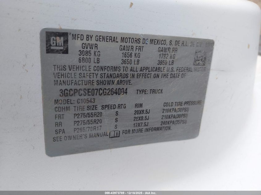 2012 Chevrolet Silverado 1500 Lt VIN: 3GCPCSE07CG264004 Lot: 43973789