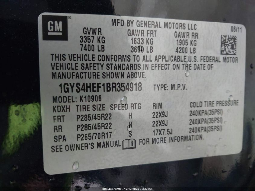 2011 Cadillac Escalade Esv Luxury VIN: 1GYS4HEF1BR354918 Lot: 43973790