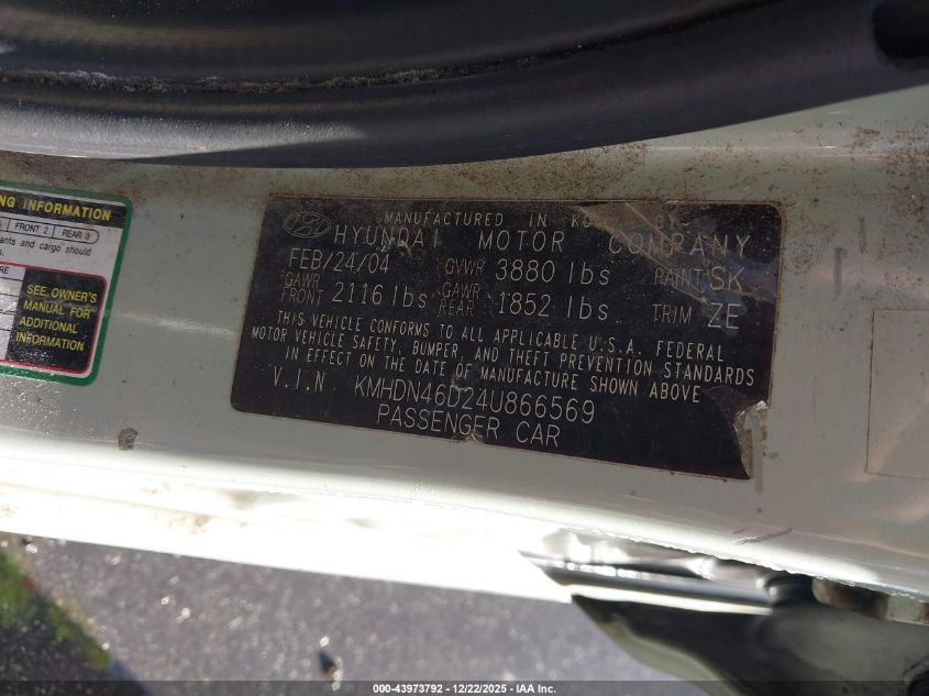 2004 Hyundai Elantra Gls/Gt VIN: KMHDN46D24U866569 Lot: 43973792