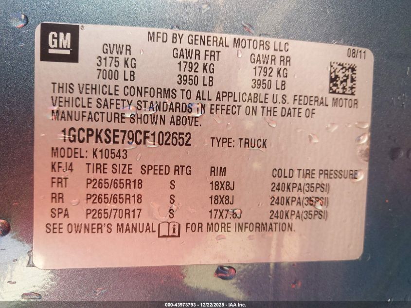 2012 Chevrolet Silverado 1500 Lt VIN: 1GCPKSE79CF102652 Lot: 43973793