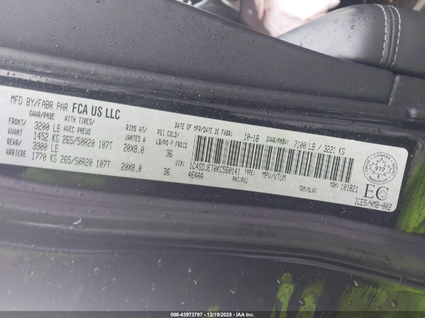 2019 Dodge Durango Citadel VIN: 1C4SDJET0KC560141 Lot: 43973797