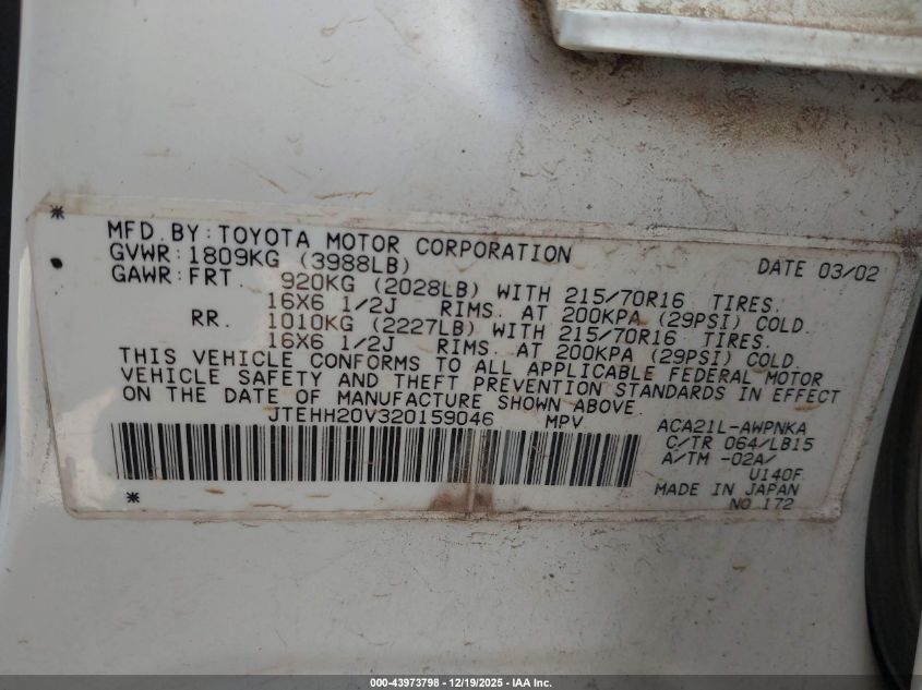 2002 Toyota Rav4 VIN: JTEHH20V320159046 Lot: 43973798