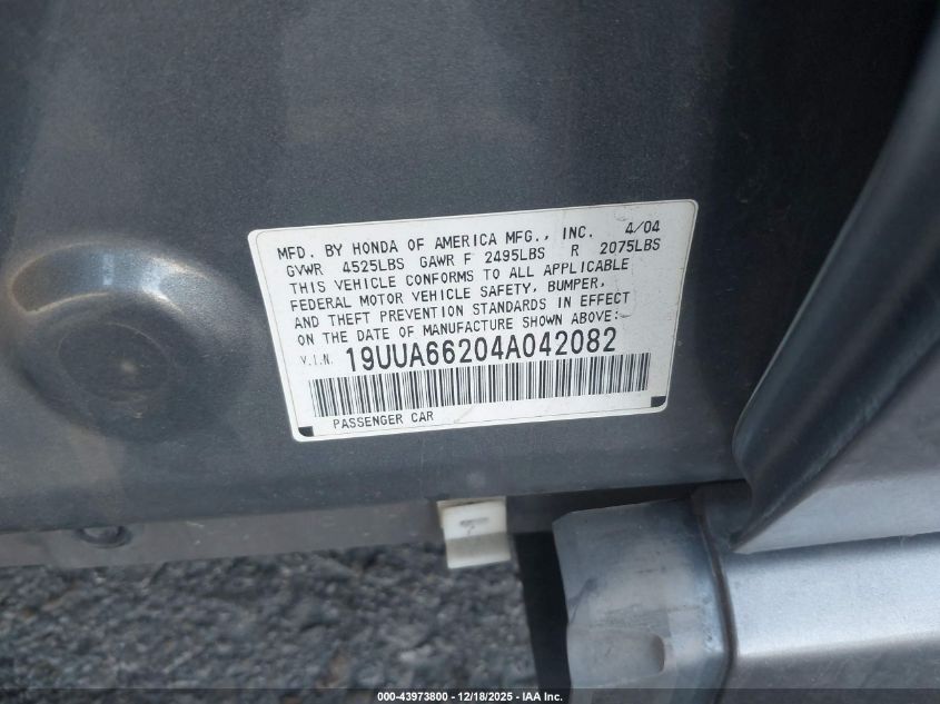 2004 Acura Tl Base W/Nav System (A5) VIN: 19UUA66204A042082 Lot: 43973800