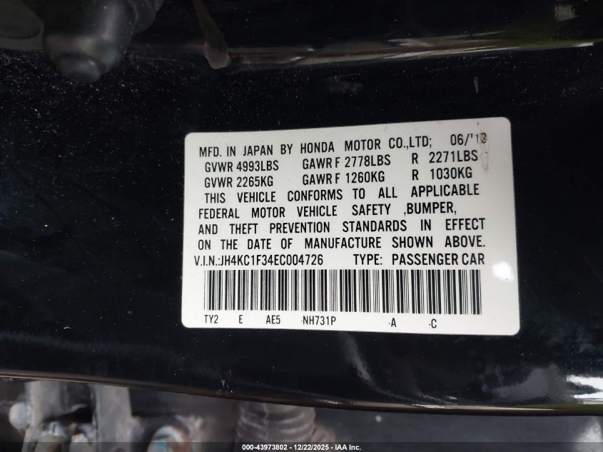 2014 Acura Rlx VIN: JH4KC1F34EC004726 Lot: 43973802