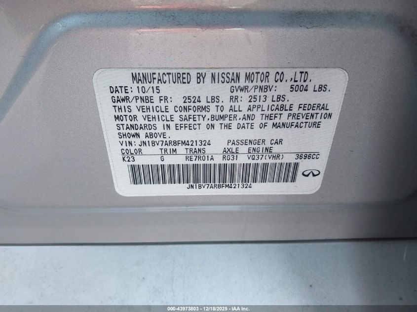 2015 Infiniti Q50 Premium VIN: JN1BV7AR8FM421324 Lot: 43973803