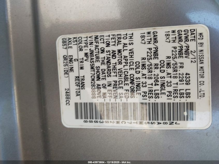 2012 Nissan Rogue Sv W/Sl Pkg VIN: JN8AS5MT7CW283888 Lot: 43973804