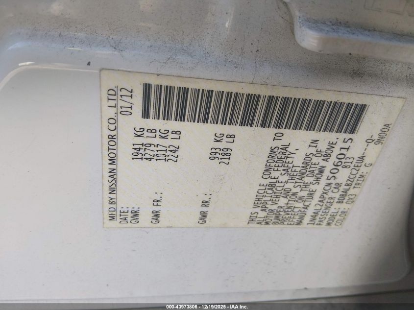 2012 Nissan Altima 2.5 S VIN: 1N4AL2APXCN506015 Lot: 43973806