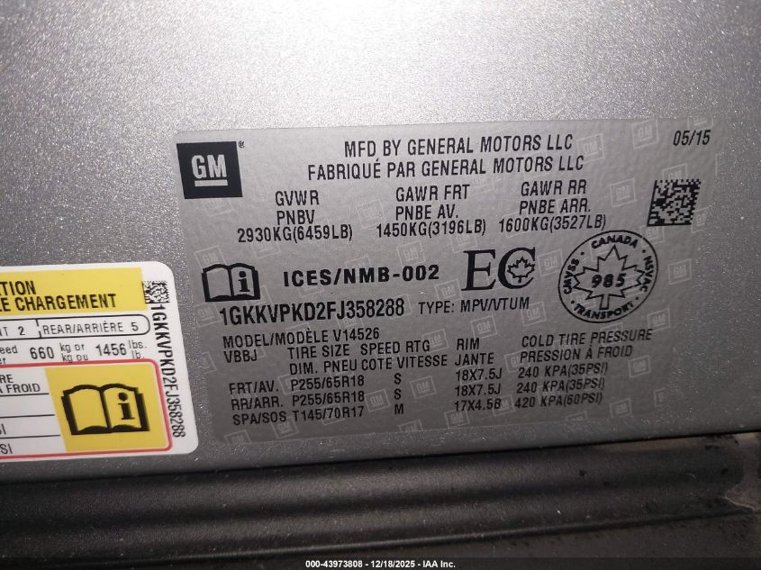 2015 GMC Acadia Sle-2 VIN: 1GKKVPKD2FJ358288 Lot: 43973808