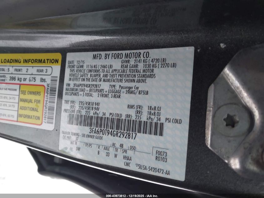 2016 Ford Fusion Se VIN: 3FA6P0T94GR292817 Lot: 43973812