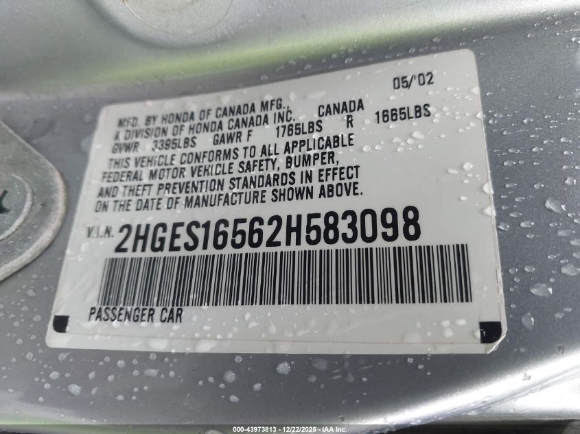 2002 Honda Civic Lx VIN: 2HGES16562H583098 Lot: 43973813
