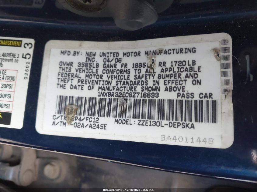 2006 Toyota Corolla S VIN: 1NXBR32E06Z716693 Lot: 43973819