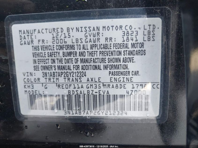 2016 Nissan Sentra S VIN: 3N1AB7AP2GY212324 Lot: 43973818