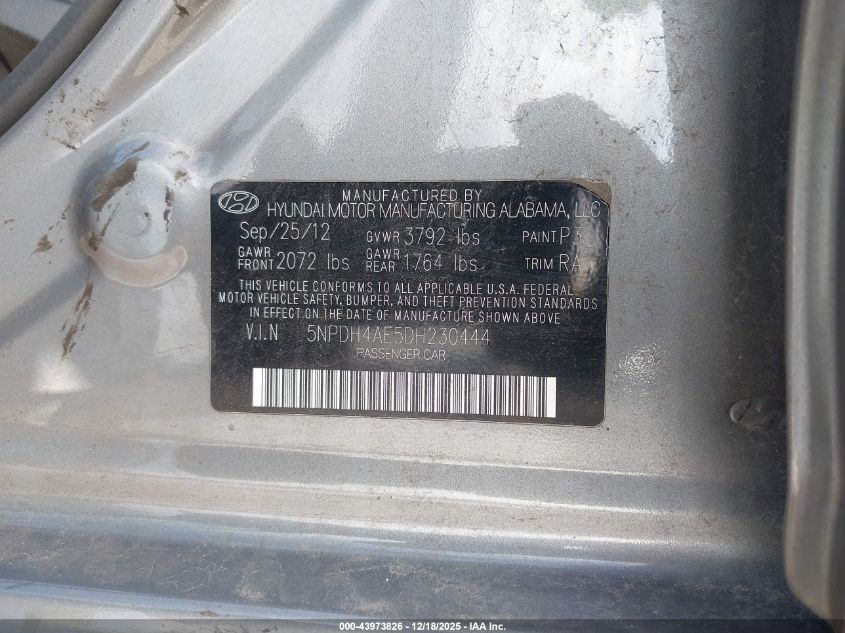 2013 Hyundai Elantra Gls/Limited VIN: 5NPDH4AE5DH230444 Lot: 43973826