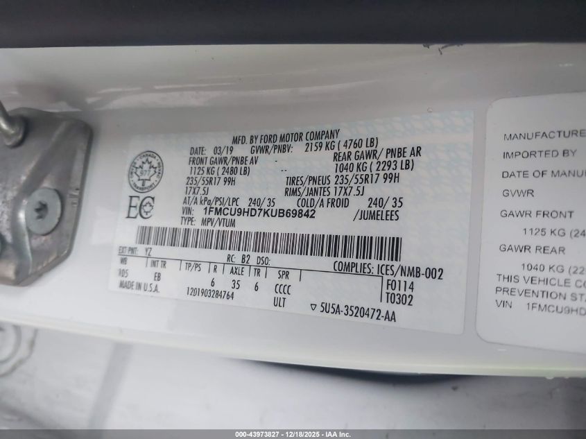 2019 Ford Escape Sel VIN: 1FMCU9HD7KUB69842 Lot: 43973827