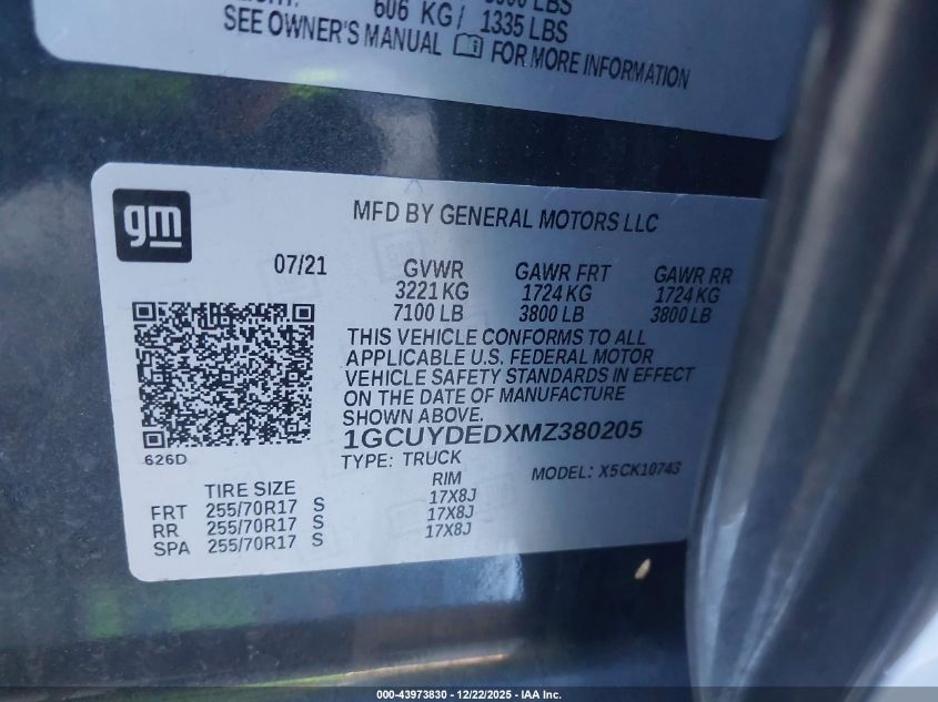 2021 Chevrolet Silverado 1500 4Wd Standard Bed Lt VIN: 1GCUYDEDXMZ380205 Lot: 43973830