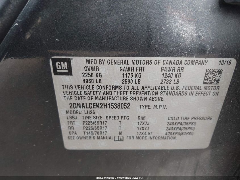 2017 Chevrolet Equinox Lt VIN: 2GNALCEK2H1538052 Lot: 43973832