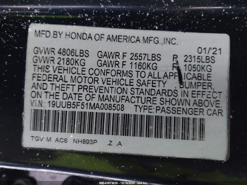 2021 Acura Tlx A-Spec Package VIN: 19UUB5F51MA008508 Lot: 43973835