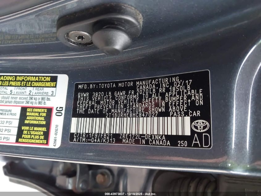 2017 Toyota Corolla Le VIN: 2T1BURHE8HC847027 Lot: 43973837