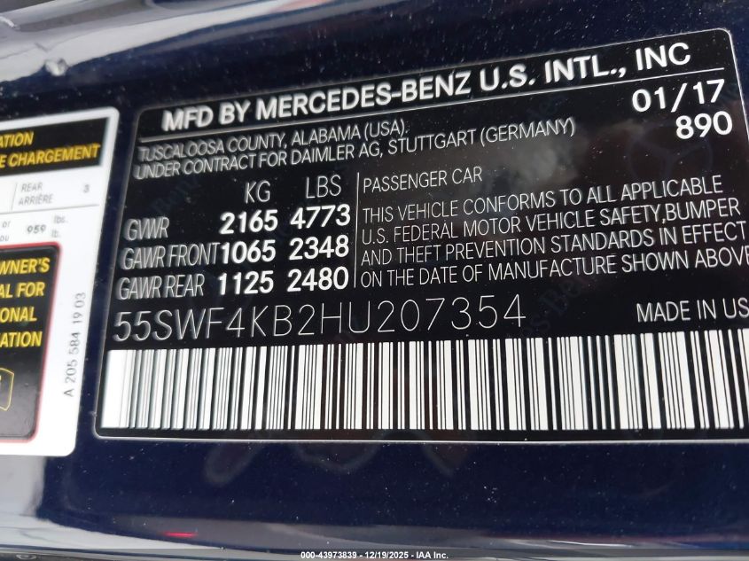 2017 Mercedes-Benz C 300 4Matic VIN: 55SWF4KB2HU207354 Lot: 43973839