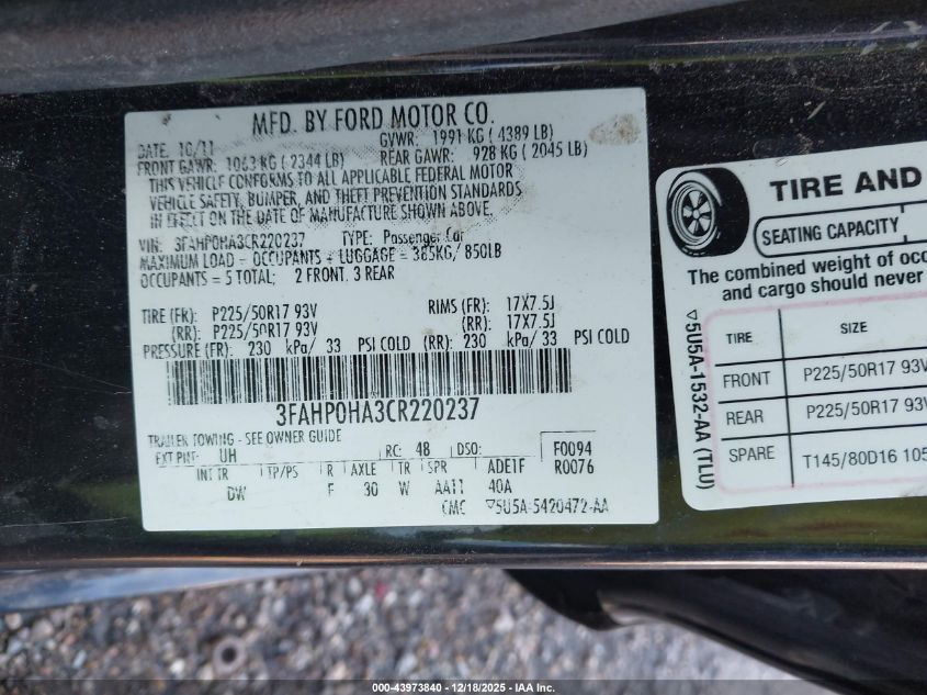 2012 Ford Fusion Se VIN: 3FAHP0HA3CR220237 Lot: 43973840