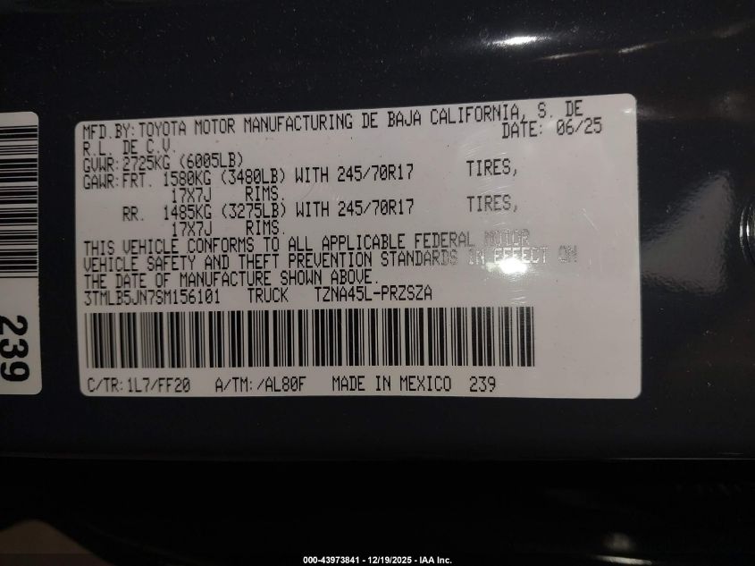 2025 Toyota Tacoma Sr5 VIN: 3TMLB5JN7SM156101 Lot: 43973841