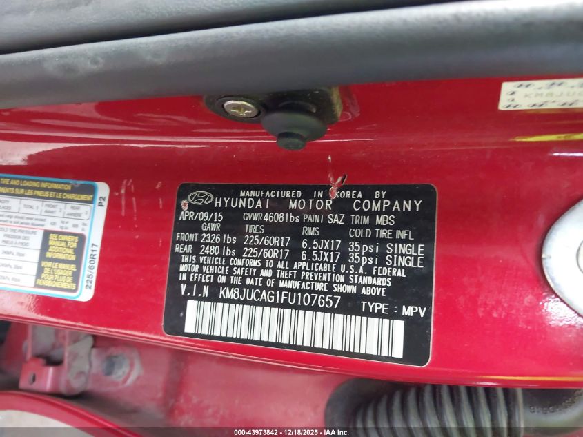2015 Hyundai Tucson Se VIN: KM8JUCAG1FU107657 Lot: 43973842