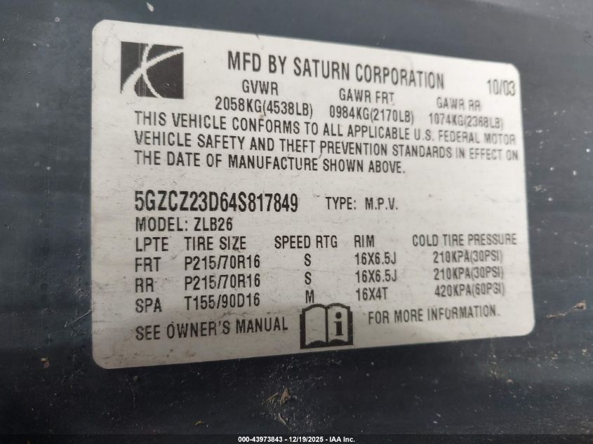 2004 Saturn Vue 4 Cyl VIN: 5GZCZ23D64S817849 Lot: 43973843