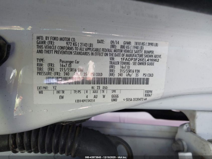 2014 Ford Focus Se VIN: 1FADP3F26EL416962 Lot: 43973845