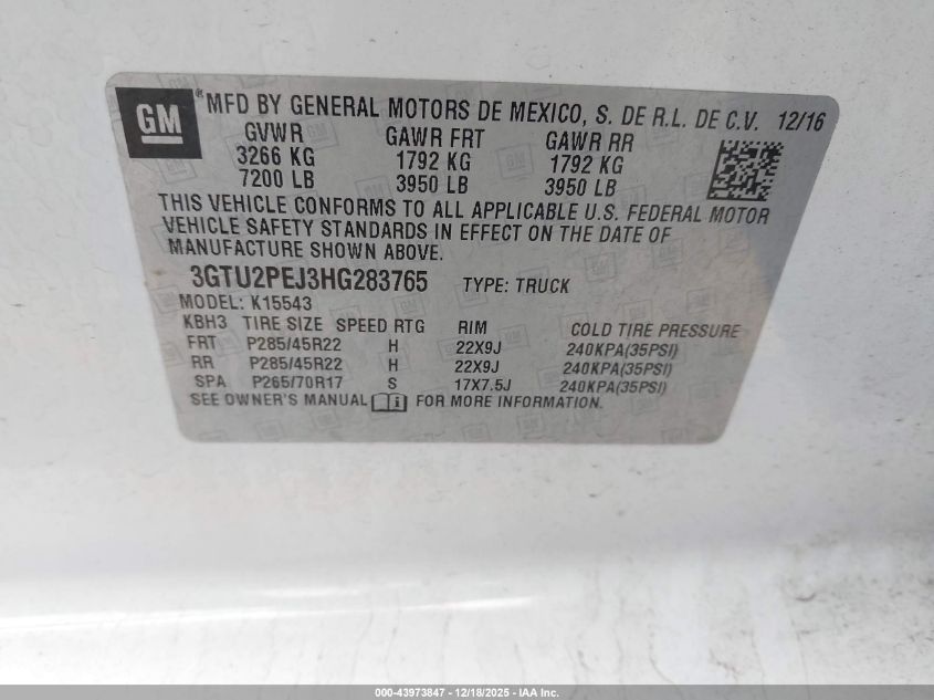2017 GMC Sierra 1500 Denali VIN: 3GTU2PEJ3HG283765 Lot: 43973847