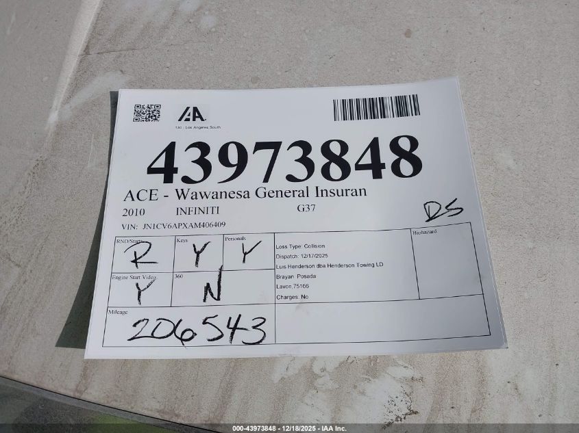 2010 Infiniti G37 VIN: JN1CV6APXAM406409 Lot: 43973848