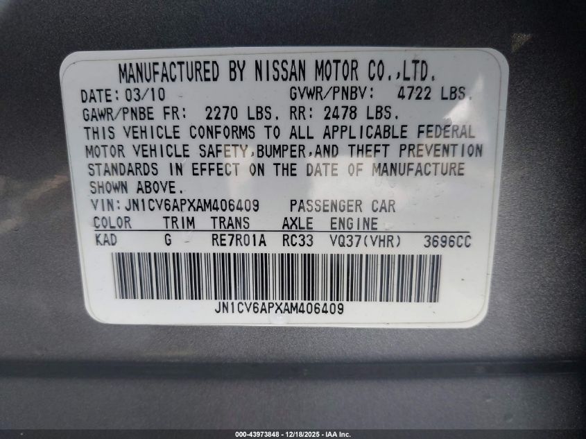 2010 Infiniti G37 VIN: JN1CV6APXAM406409 Lot: 43973848
