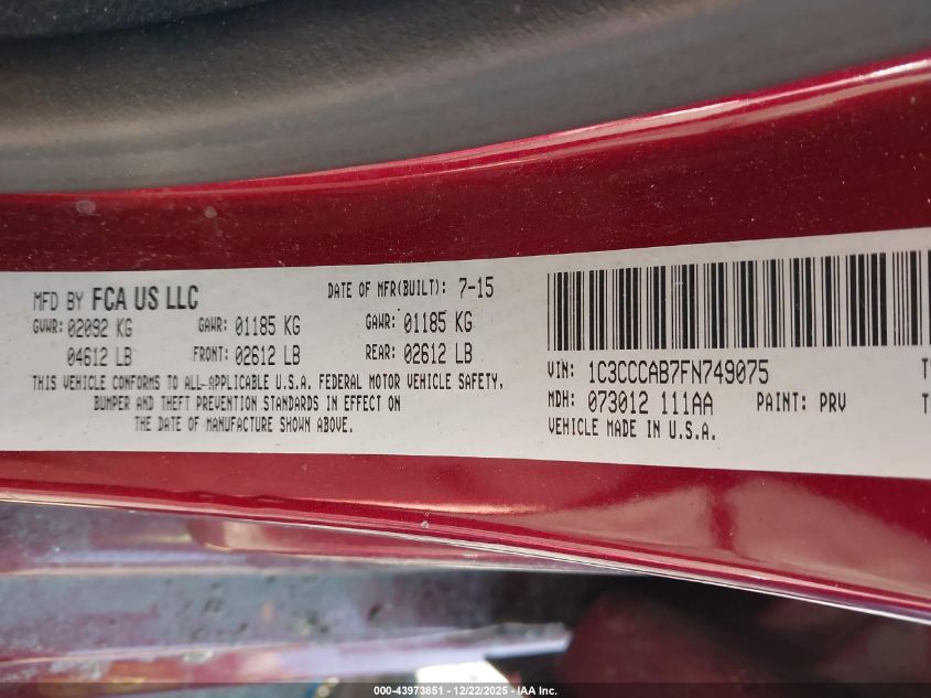 2015 Chrysler 200 Limited VIN: 1C3CCCAB7FN749075 Lot: 43973851