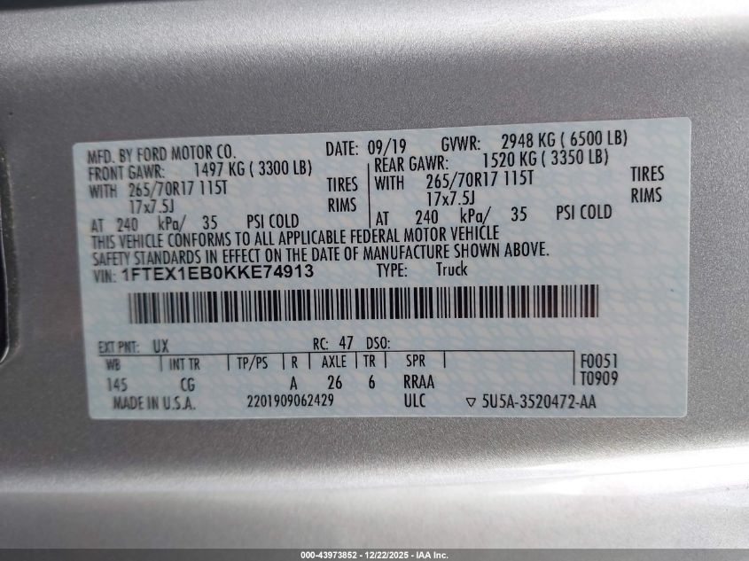 2019 Ford F-150 Xl VIN: 1FTEX1EB0KKE74913 Lot: 43973852