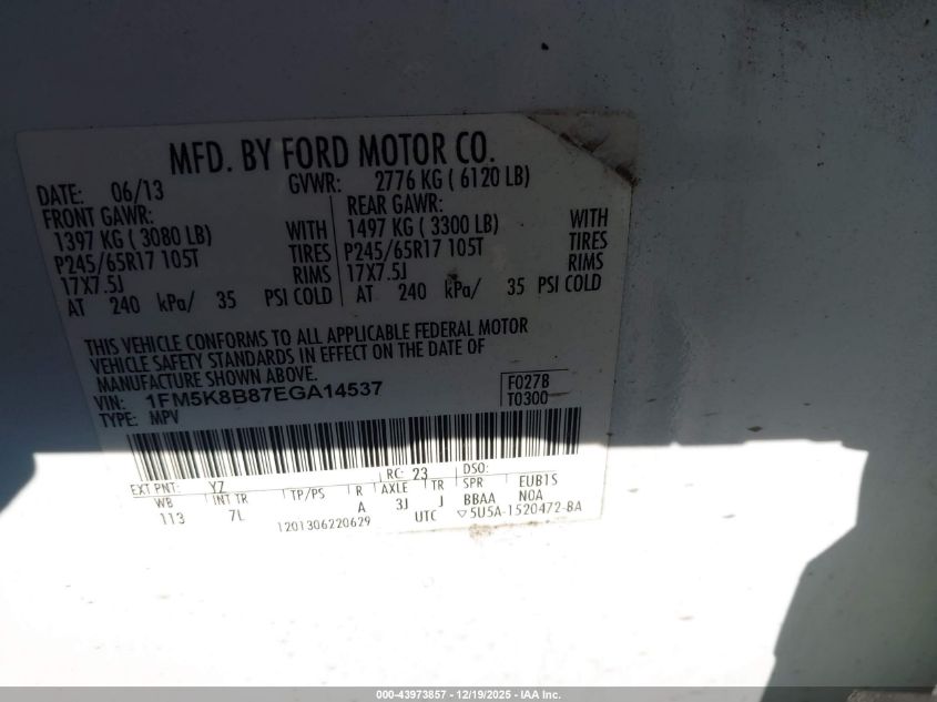 2014 Ford Explorer VIN: 1FM5K8B87EGA14537 Lot: 43973857