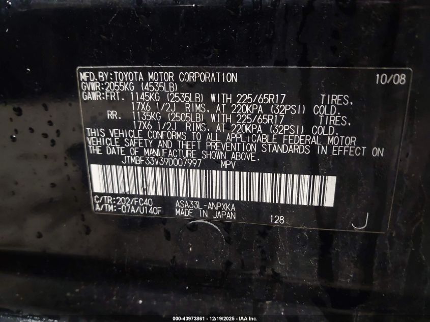 2009 Toyota Rav4 VIN: JTMBF33V39D007997 Lot: 43973861