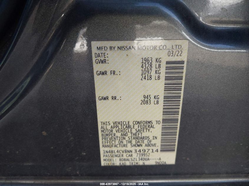 2022 Nissan Altima Sr Fwd VIN: 1N4BL4CV8NN349714 Lot: 43973867