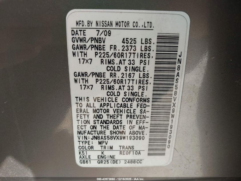 2009 Nissan Rogue Sl VIN: JN8AS58VX9W193090 Lot: 43973868