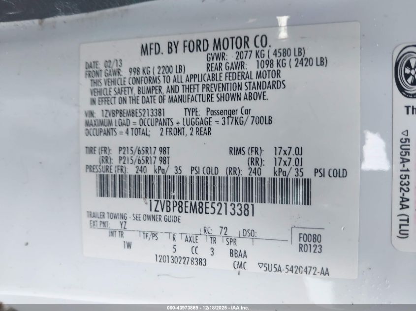 2014 Ford Mustang V6 VIN: 1ZVBP8EM8E5213381 Lot: 43973869