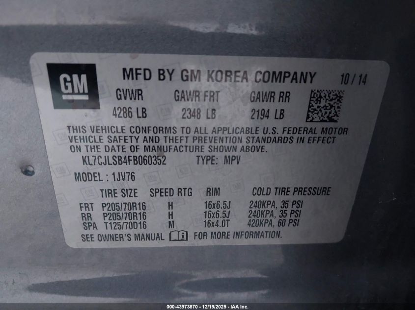 2015 Chevrolet Trax Lt VIN: KL7CJLSB4FB060352 Lot: 43973870