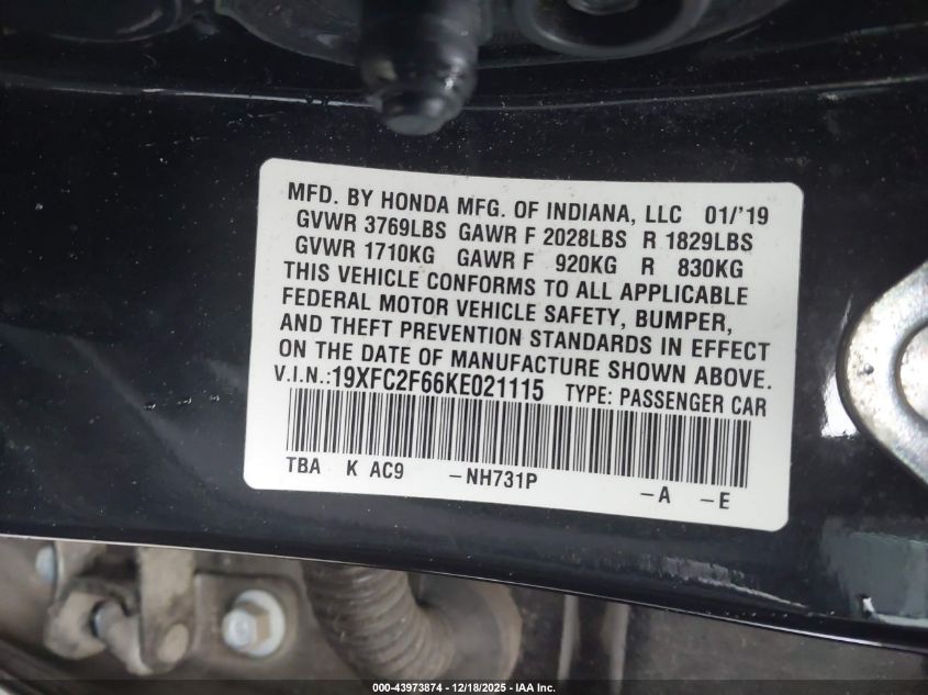 2019 Honda Civic Lx VIN: 19XFC2F66KE021115 Lot: 43973874