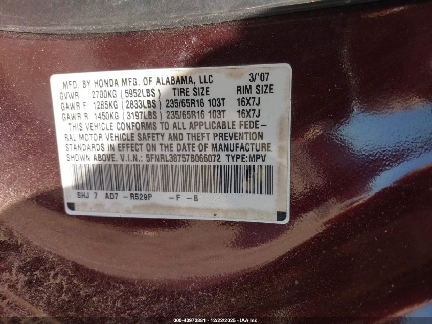 2007 Honda Odyssey Ex-L VIN: 5FNRL38757B066072 Lot: 43973881